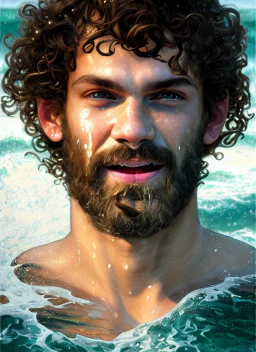 Image similar to portrait of teenage poseidon rising from ocean, greek, short curly blonde hair, mad smile, wearing a wet white sash, elegant, crashing waves, storm, glowing lights, volumetric lighting, highly detailed, digital painting, artstation, concept art, smooth, sharp focus, illustration, art by wlop, mucha, artgerm, and greg rutkowski