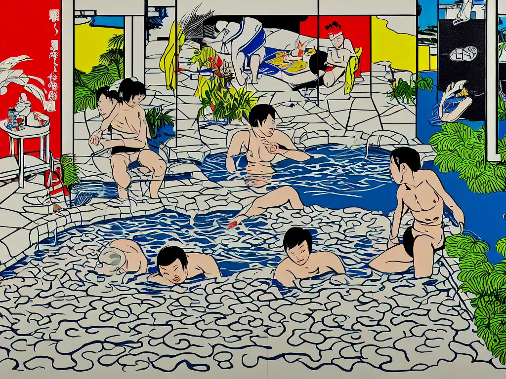 Image similar to hyperrealism composition of the japanese house with a hot springs in the garden, two detailed stormtroopers bathe in a hot spring, pop - art style, jacky tsai style, andy warhol style, roy lichtenstein style, acrylic on canvas