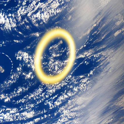 Image similar to golden rings circling the earth, highly detailed photograph, taken from space