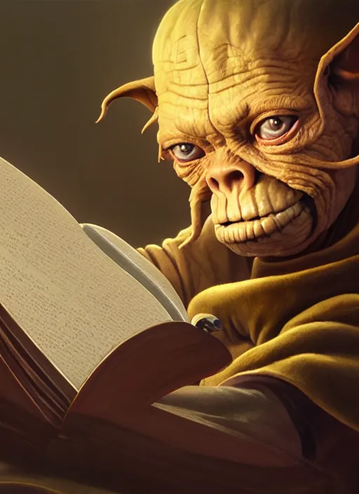 Image similar to highly detailed closeup portrait of a medieval goblin reading a spellbook, stephen bliss, unreal engine, greg rutkowski, ilya kuvshinov, ross draws, hyung tae and frank frazetta, tom bagshaw, tom whalen, nicoletta ceccoli, mark ryden, earl norem, global illumination, god rays, detailed and intricate environment