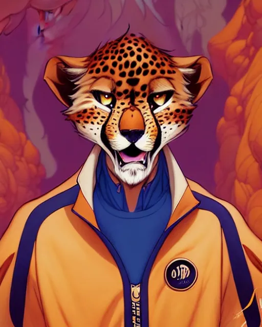 Image similar to don bluth, loish, artgerm, joshua middleton, anthropomorphic cheetah, wearing a track suit, smiling, symmetrical eyes symmetrical face, colorful animation forest background