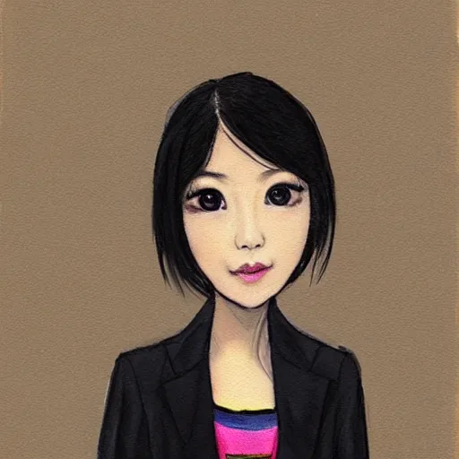 Image similar to a pretty young girl of 2 5, japanese, with big eyes, short shoulder - length hair and a suit ， paintingby sam yang and trnyteal