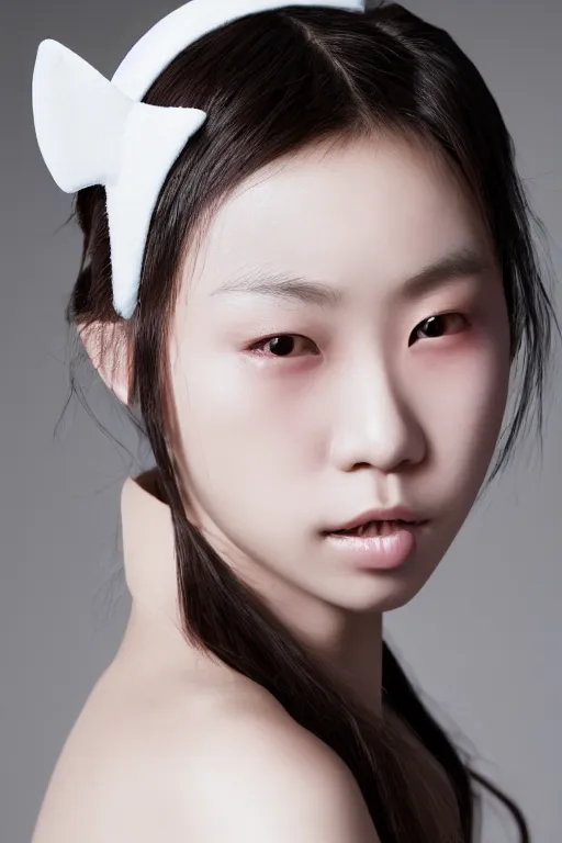 Image similar to aesthetic photograph of alluring young Japanese woman wearing white cat ear headband, by Nick Knight and jia ruan, headshot, realistic, photorealistic, HD, 4k resolution