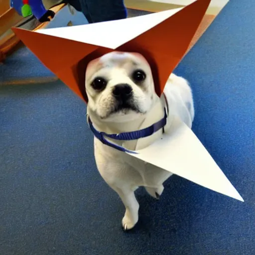 Prompt: A dog with floppy ears flying on a paper plane