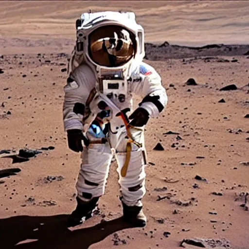 Image similar to elton john in a space suit on mars looking at the destruction of earth