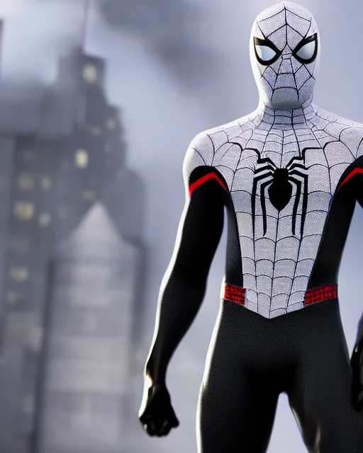 Image similar to photorealistic, hyperdetailed photograph of black spider - man suit with white webbing by insomniac games