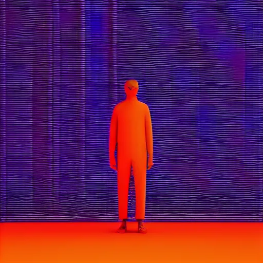 Image similar to a cinema c 4 d 3 d render of a small silhouette of a man standing in front of orange, green and cyan neon glowing vertical stripes by beeple, trending on artstation, 8 k resolution