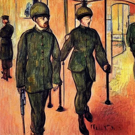 Image similar to modern red berets soldiers inside of a pub, painting by toulouse - lautrec, soldiers wearing tactical clothing, 2 1 st century, cinematic, award winning