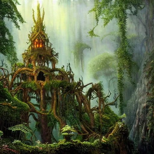 Prompt: a beautiful and highly detailed oil painting of an overgrown elven forest temple in the misty mountains, detailed plants and trees and flowers, intricate details, epic scale, insanely complex, 8 k, sharp focus, hyperrealism, fantasy landscape, psychedelic, by caspar friedrich and james gurney,