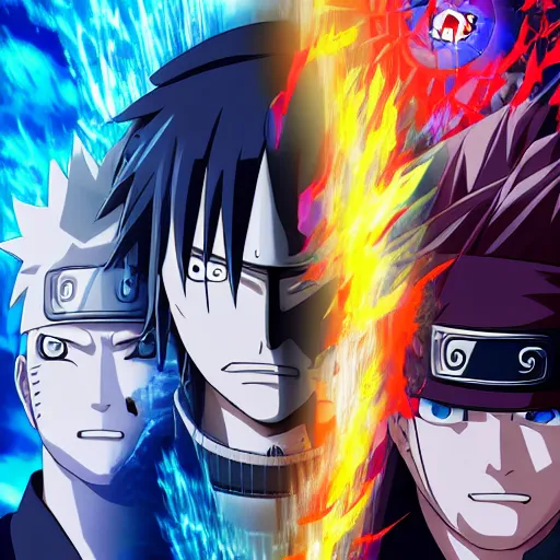 Prompt: epic anime poster: a close up anime face split in two vertically - Naruto vs Sasuke, trending on Artstation, award-winning art