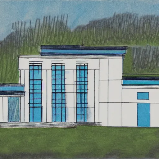 Image similar to 7 0 s magic marker architectural drawing for a private luxury home in los angeles, blue, green, black and white pen, marker wash, bond paper, professional, illustration, modern