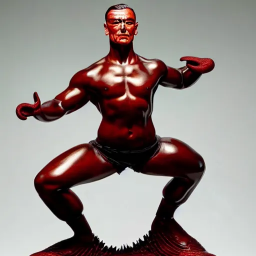 Prompt: museum van damm doing splits portrait statue monument made from porcelain brush face hand painted with iron red dragons full - length very very detailed intricate symmetrical well proportioned