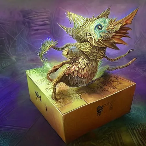 Image similar to fantasy art hyper realistic ai created interesting bizarre subconscious of a cardboard box with fractal vignette edge fantastic art award winning best ultra detailed magnificent