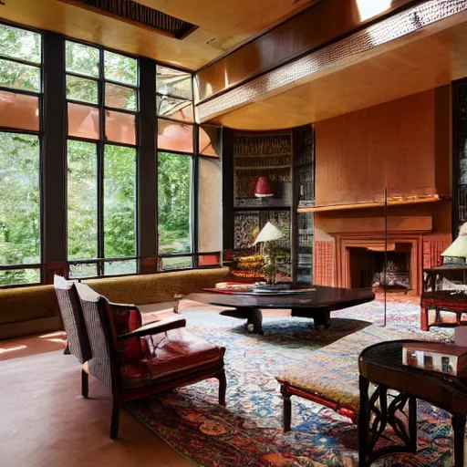 Image similar to A vast beautiful fully stocked living room area in a mansion designed and decorated by Frank Lloyd Wright, rugs, sofa, chairs, fireplace with a fire going, tables,