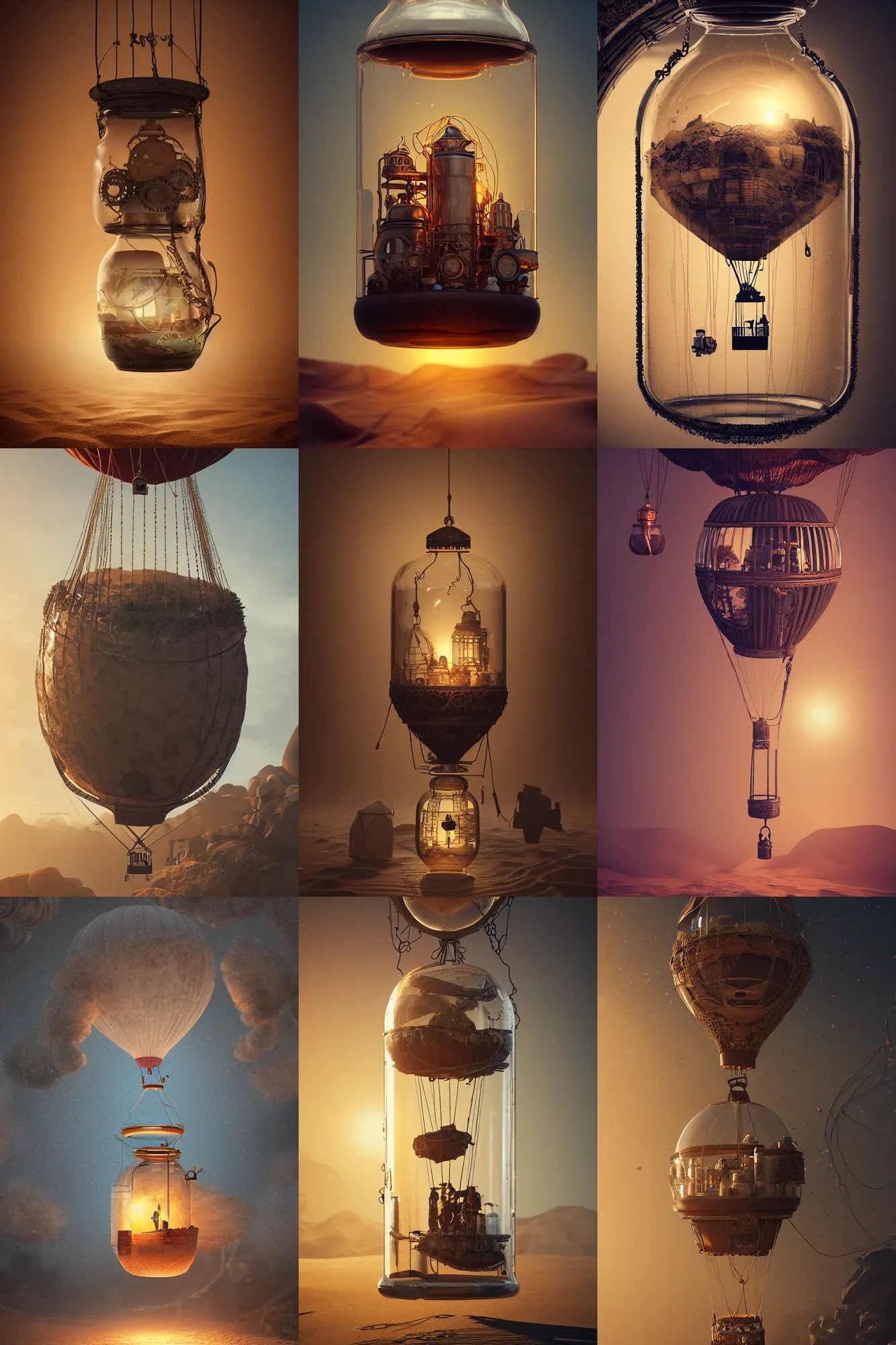 Prompt: hot air balloon inside a glass jar buried in sand, steampunk, intricate detail, volumetric lighting, epic composition, hyper detailed, ultra realistic, sharp focus, octane render, volumetric, ray tracing, artstation trending, cgsociety, sense of awe, swirling mist, 4 k