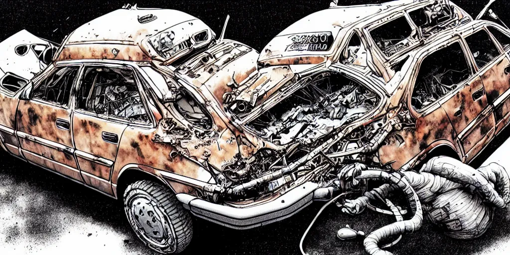 Image similar to a big woman axolotl in evil burning wrecked mercedes 1 2 4, ultrafine hyperdetailed illustration by kim jung gi