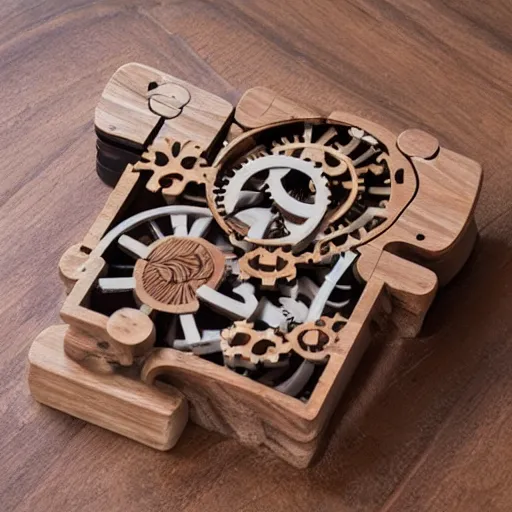 Prompt: a wooden mechanical puzzle, product photo