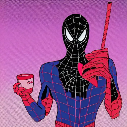 Image similar to the ultimate spiderman drinking tea, vaporwave