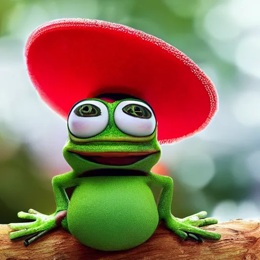 Image similar to baby pepe the frog wearing a tiny sombrero, holding maracas, larg eyes, sitting on a log, pixar, disney, dynamic lighting, bokeh