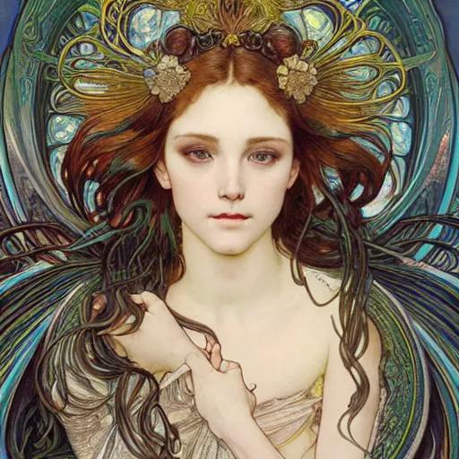 Prompt: realistic detailed face portrait of biblically accurate angel with iridescent peacock feathers in her hair by Alphonse Mucha, Ayami Kojima, Amano, Charlie Bowater, Karol Bak, Greg Hildebrandt, Jean Delville, and Mark Brooks, Art Nouveau, Neo-Gothic, gothic, rich deep moody colors, rule 34