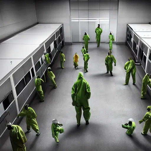 Image similar to underground lab, sterile, rows of humans on hospital beds, staff wearing hazmat suits, unknown location, photo taken from above, light and shadows, concept art