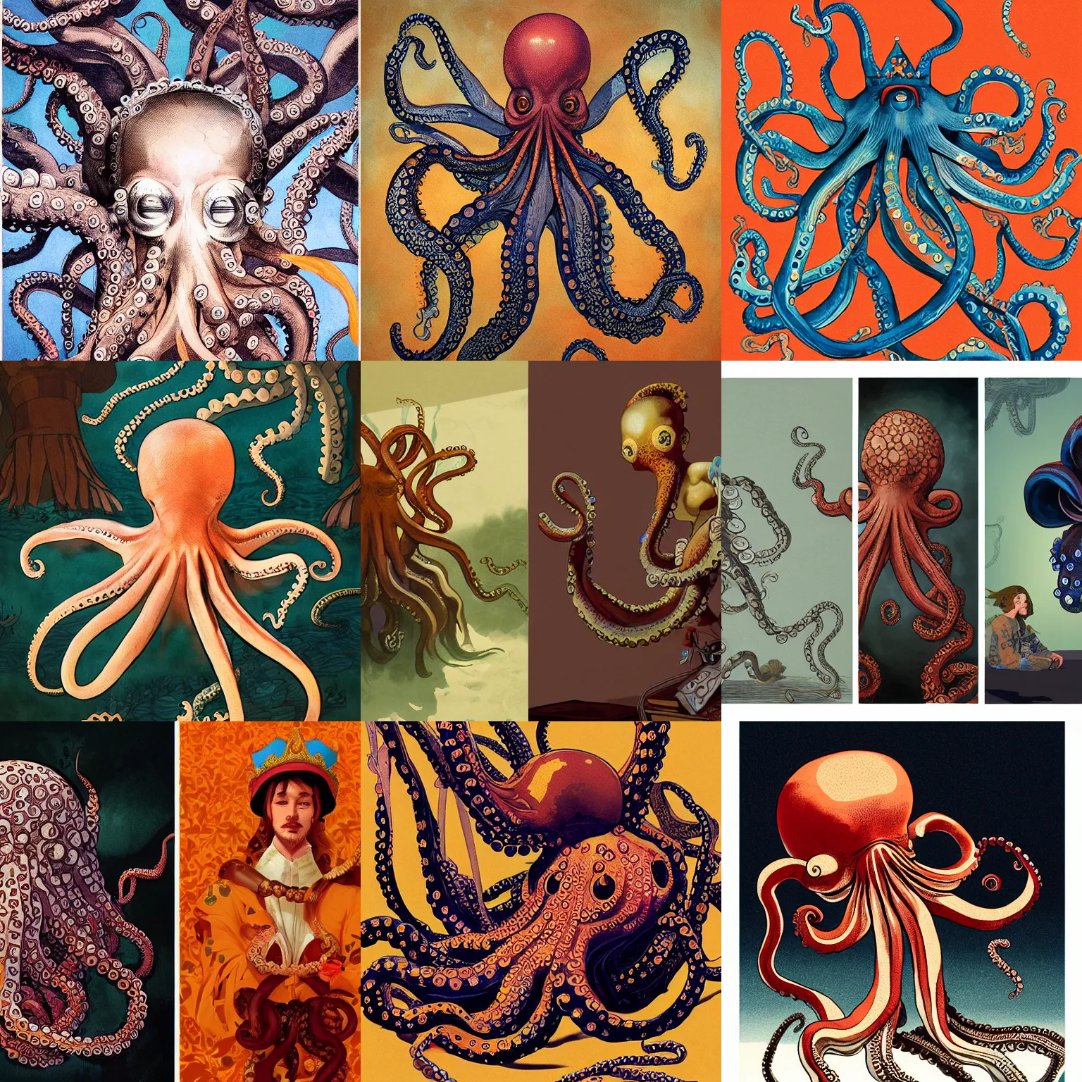 Prompt: octopus dressed up as king, 17th century oil painting, illustration by James Jean, illustration by Ilya Kuvshinov, illustration by Loish Van Baarle