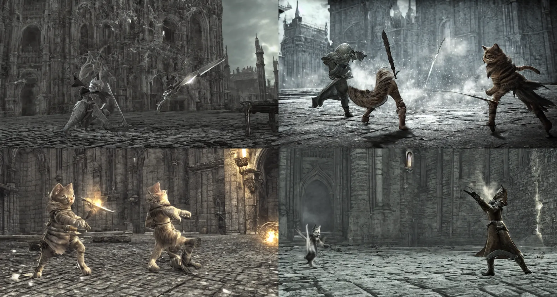 Prompt: an adorable kitten in Anor Londo fighting hollows, in-game footage, cinematic, dark souls, wide angle, dramatic composition, 4k, intricate