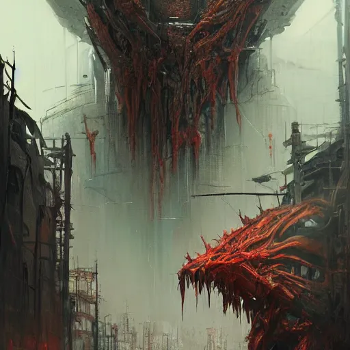 Image similar to concept art by greg rutkowski, a hideous monster made of twisted flesh and reddish ooze, claustrophobic and futuristic, brutalistic environment, scifi, detailed and intricate environment, high technology, highly detailed portrait, digital painting, artstation, concept art, smooth, sharp foccus ilustration, artstation hq.