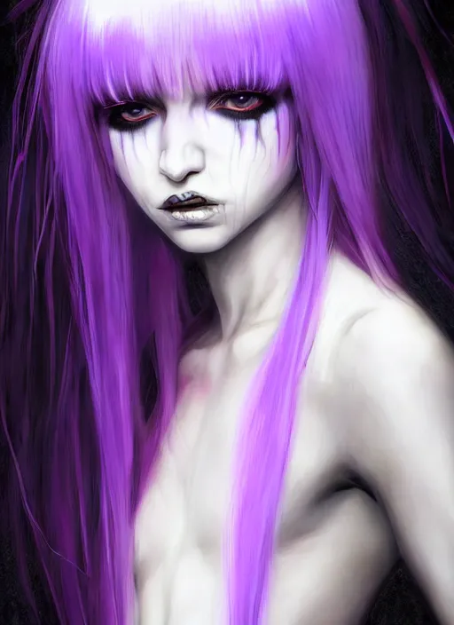 Image similar to hair whitebangs hair, black cyberlox, portrait of normal teenage girl, white bangs, messy bangs, fluffy bangs, cyberlox, whitebangs, red contact lenses, purple background, intricate, elegant, highly detailed, digital painting, artstation, concept art, sharp focus, smooth, illustration, art by wlop, mars ravelo and greg rutkowski