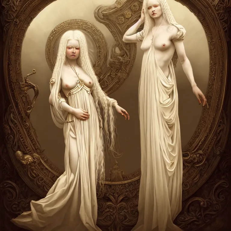 Prompt: renaissance style a wonderful woman albino goddess with a wonderful face and long intricate hair with a beautiful porcelain symmetrical body dressed with a majestic warp ornate semi transparent cream long cotton dress, hightly ornate, intricate, detailed, dramatic light, award winning, octane render, tom bagshaw style