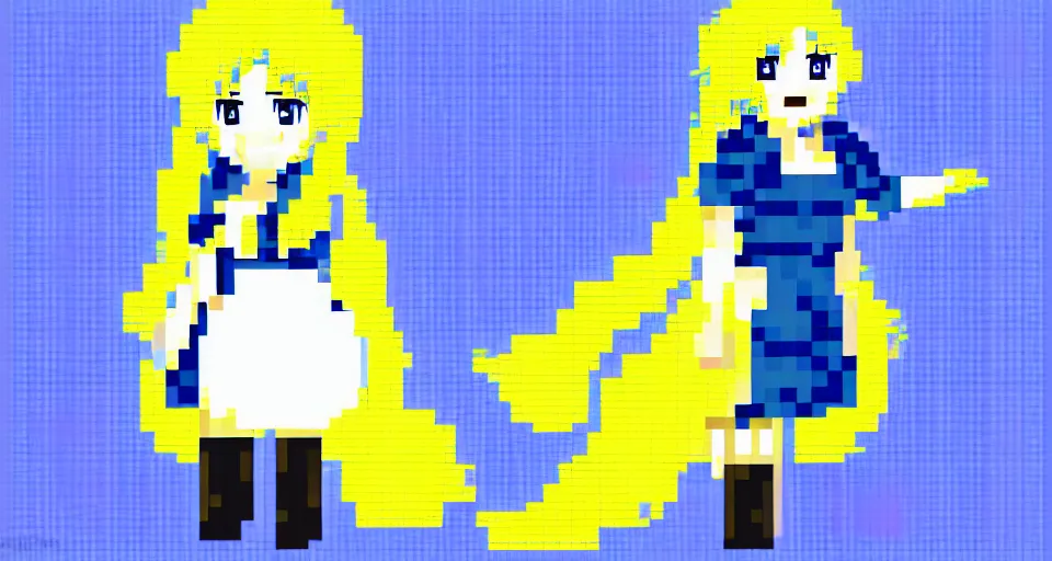 Prompt: pixel art of mugi from k - on, with crown!!! on top! of her head!, golden white dress, dark blue background, pixel! art