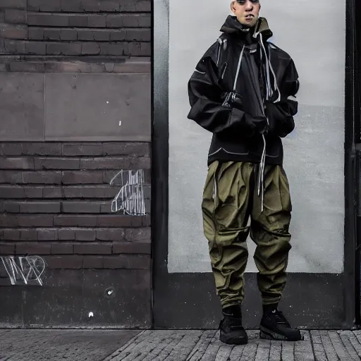 Image similar to techwear fashion in the streets, acronym, guerilla group, fashion study, photoshoot