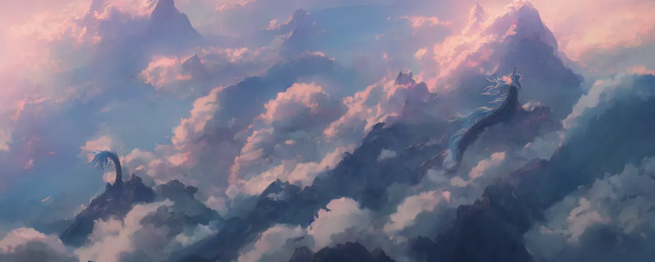 Prompt: a Chinese dragon high above the clouds by makoto shinkai, ethereal melancholy, trending on ArtStation, DeviantArt, Pixiv