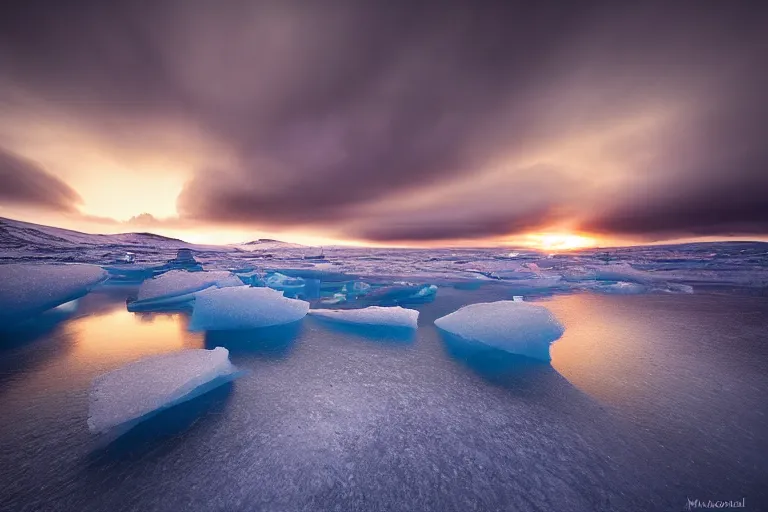 Image similar to moody landscape photography by marc adamus, greenland, sunset, ice