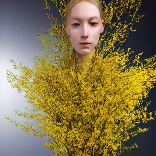 Image similar to hyper realistic photo human body made of golden wild flowers