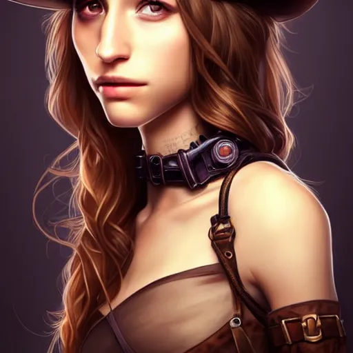 Prompt: in the style of diego fazio, artgerm, beautiful taissa farmiga, steampunk, full color, elegant pose, middle shot waist up, symmetrical face symmetrical eyes, three point lighting, detailed realistic eyes, short neck, insanely detailed and intricate elegant