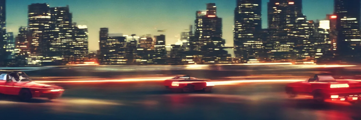 Image similar to 8 0 s neon movie still, high speed car chase by the river with city in background, slow shutter speed, medium format color photography, movie directed by kar wai wong, hyperrealistic, photorealistic, high definition, highly detailed, tehnicolor, anamorphic lens
