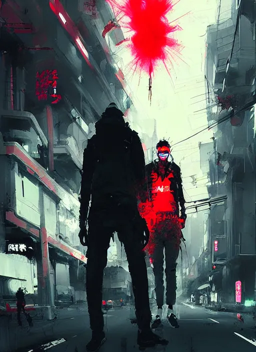 Prompt: horror art, terminators in shinjuku street, red cloud in the background, art by ismail inceoglu