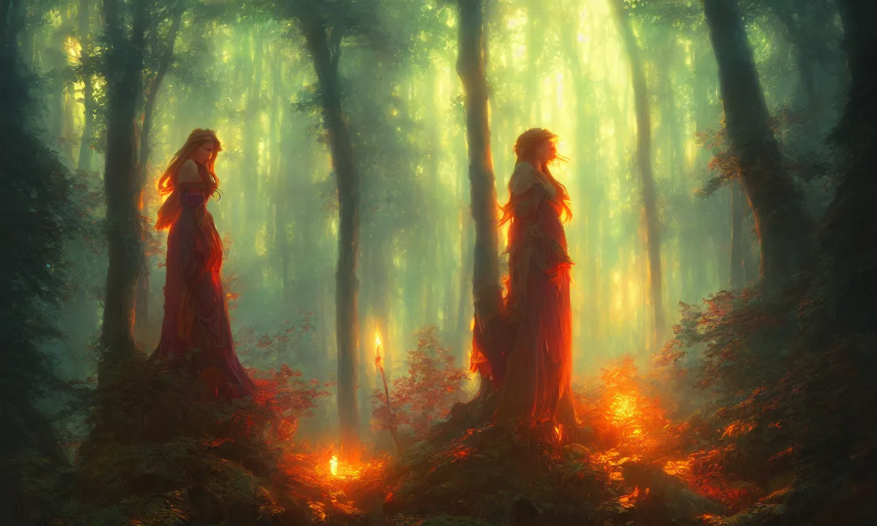 Image similar to enchanted magical forest on magical colorful fire , digital painting , digital art , artstation , devian art , 4k , HD, digital painting, artstation, concept art, smooth, sharp focus, illustration, art by greg rutkowski and alphonse mucha