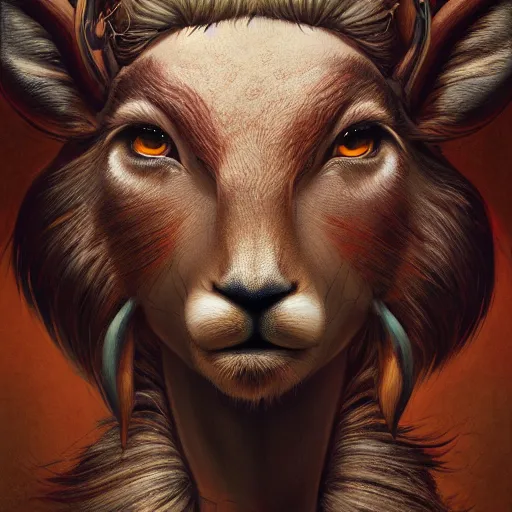 Prompt: highly detailed portrait of a stylized deer, stephen bliss, unreal engine, greg rutkowski, ilya kuvshinov, ross draws, hyung tae and frank frazetta, tom bagshaw, tom whalen, nicoletta ceccoli, mark ryden, earl norem, global illumination, god rays