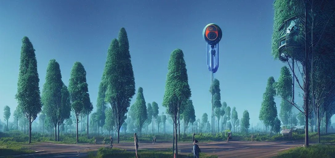 Image similar to futuristic solarpunk park, bright blue skies, towering digital trees sci - fi, digital art by beeple and simon stalenhag