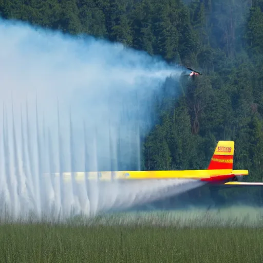 Image similar to a antonov airplane ( with yellow and red paint like a fire plane ) extinguishing a forest fire with absurd amounts of water, artistic photo