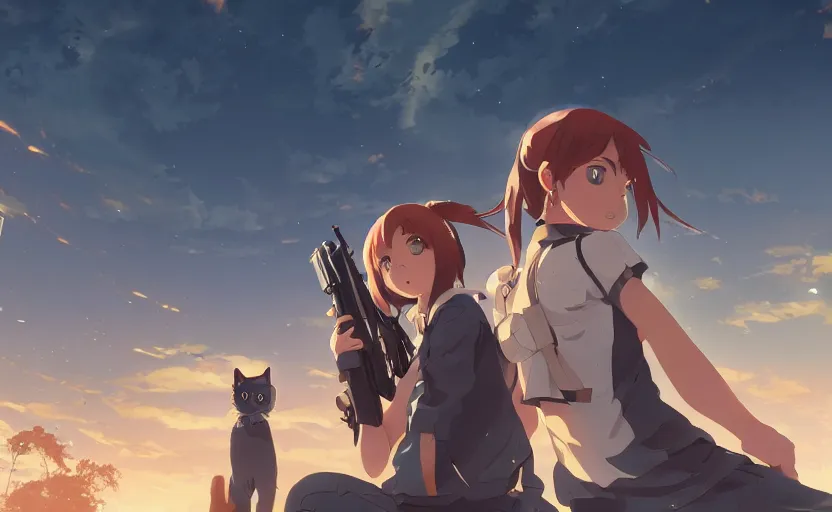 Image similar to a girl in her school uniform holding a shotgun with a cat next to her, epic apocalyptic city, an anime scene illustrated by Makoto Shinkai, digital art, 4k ultra