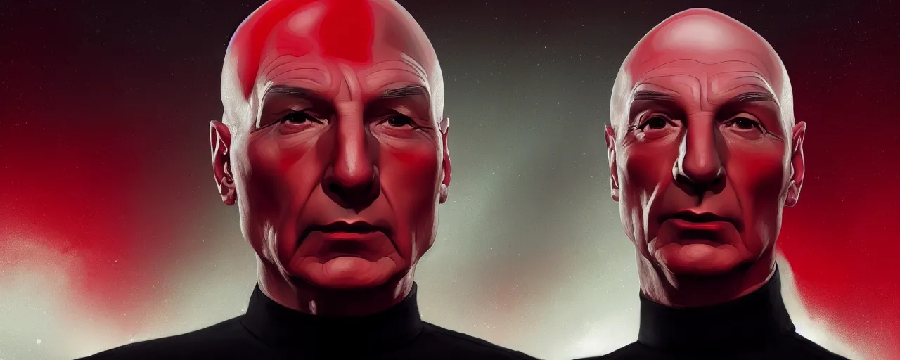 Image similar to duotone black and red concept 3 / 4 portrait of ( ( ( picard facepalm meme ) ) ) captain jean - luc picard doing facepalm inside uss enterprise. accidental renaissance. concept by stanley kubrick. sergey kolesov and ruan jia and heng z. graffiti art, scifi, fantasy, hyper detailed. octane render. trending on artstation