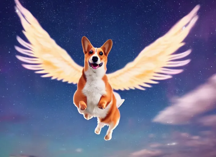Prompt: corgi with [ angelic wings ]!!, [ flying like a superhero ]!! in the [ night sky ]!! where the stars are visibly perceptible, [ realistic photo ]!!, [ 4 k photorealism ]!!, trending on unsplash