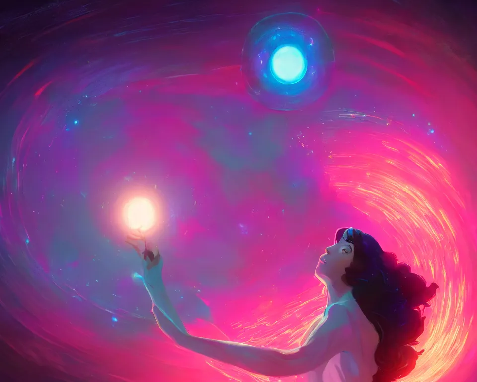 Prompt: a beautiful whimsical woman standing under a multi-colored binary blackhole with an accretion disc, casting magic, glowing trails following her arms, digital art, by Lois van Baarle, by Greg Rutkowski, by artgerm, by beeple, by studio ghibli, cinematic angle, volumetric lighting, 4k resolution, octane render, trending on artstation, masterpiece