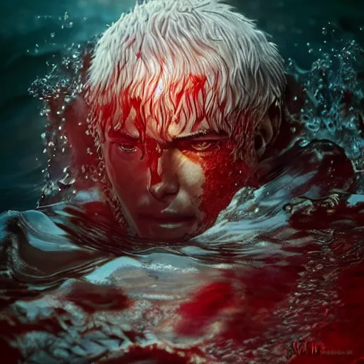 Image similar to portrait of guts from berserk submerged in red water, extremely detailed, made by wlop, maxwell boas, Sakimi chan