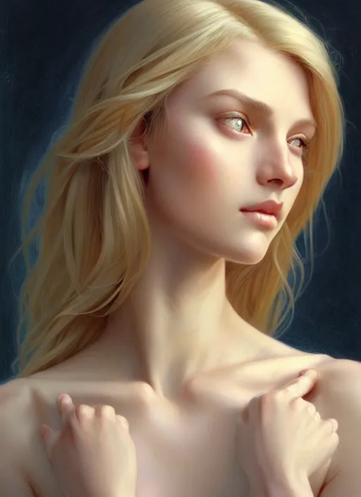 Prompt: perfect feminine face!! portrait of young wife blessed by god with ever - increasing physical mental perfection, blonde, symmetrical! intricate, sensual features, highly detailed, biblical divine holy!! digital painting, artstation, concept art, smooth, sharp focus, illustration, art by artgerm and greg rutkowski and alphonse mucha