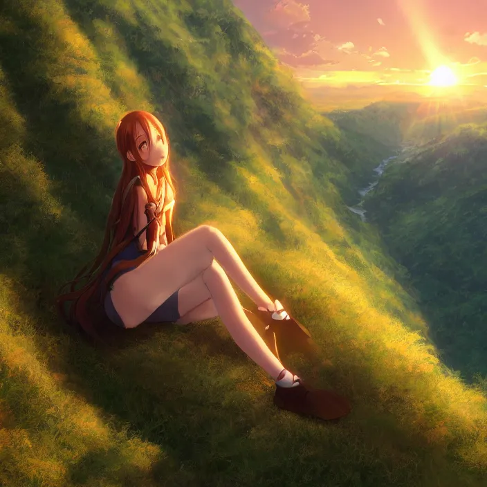 Image similar to Anime Girl Sitting on Edge of Cliff at a Green Valley at Sunset, Golden Hour! Trending on Artstation, Pixiv, Deviant Art!