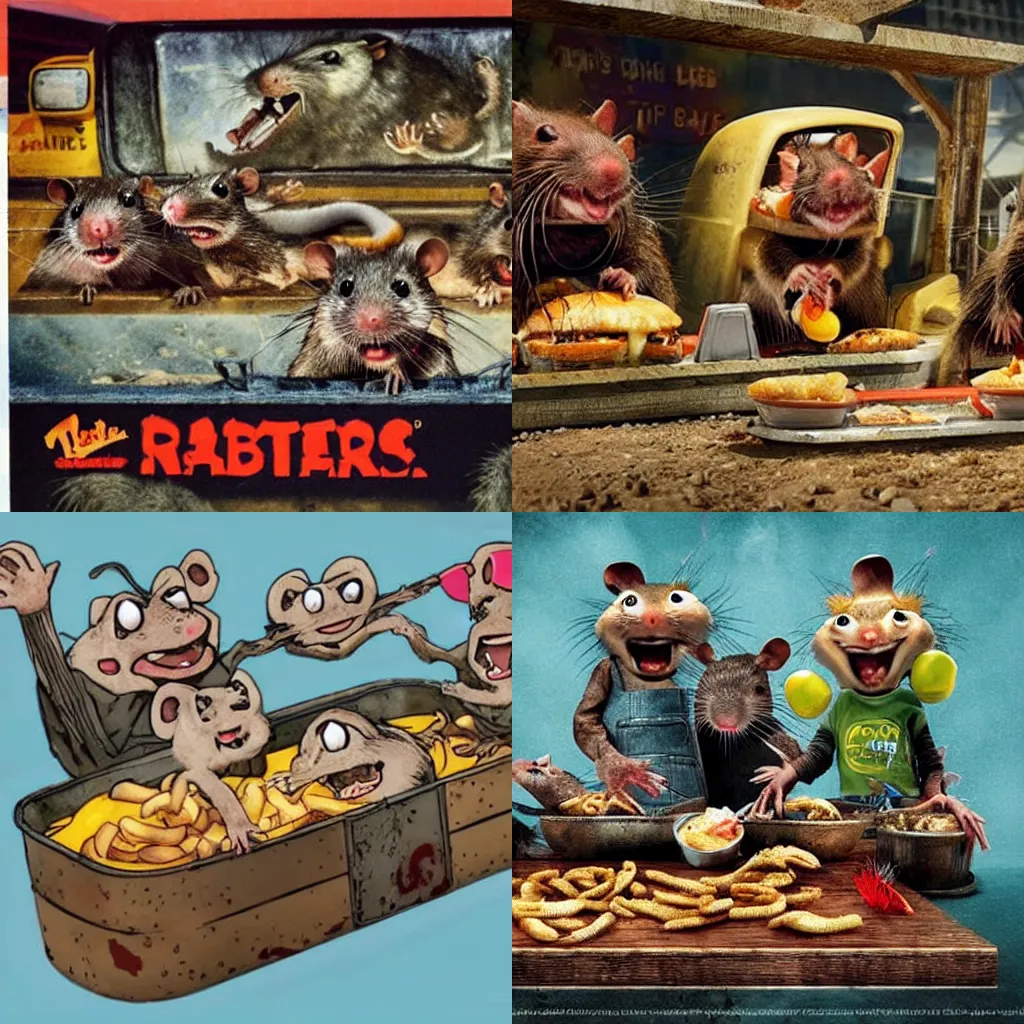 Prompt: post-apocalyptic ratty McDonalds advertisement showing a smiling rat family being served a tray of rats in the style of H.R. Giger